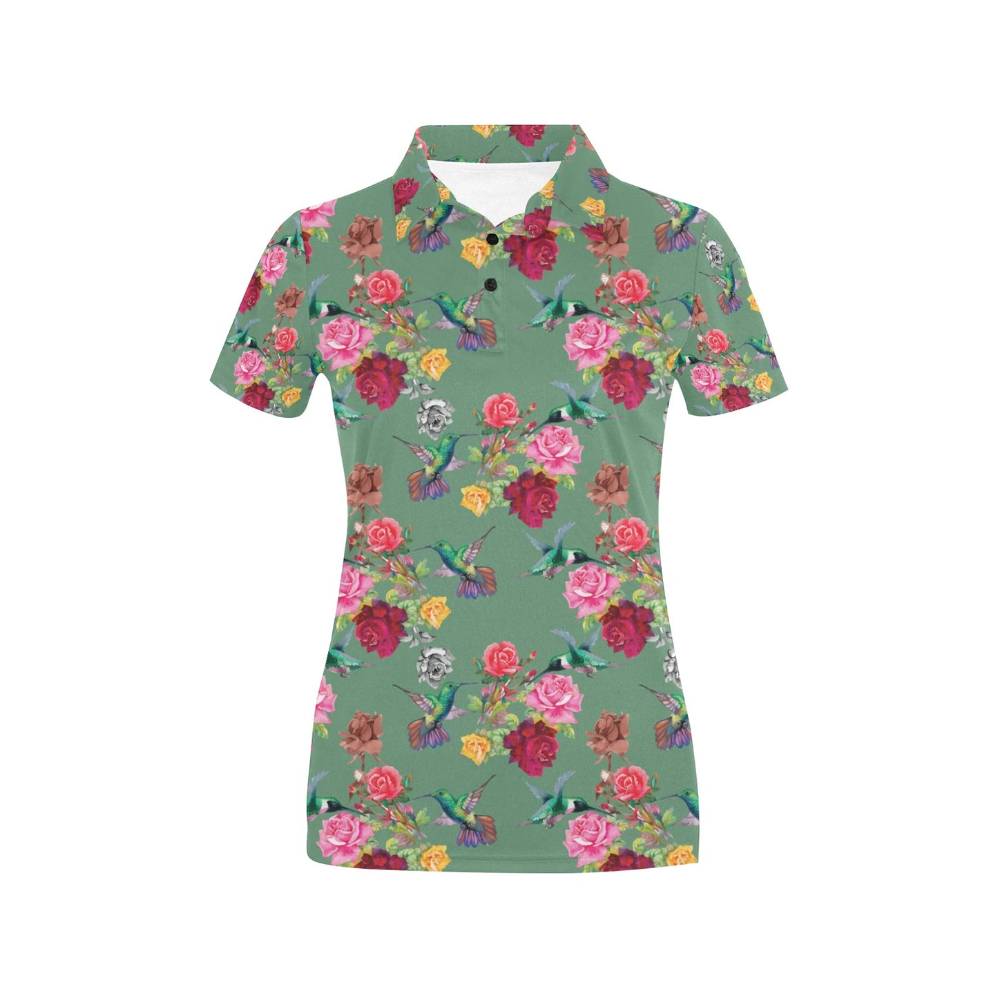 Hummingbird with Rose Themed Print Women's Polo Shirt