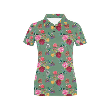 Hummingbird with Rose Themed Print Women's Polo Shirt