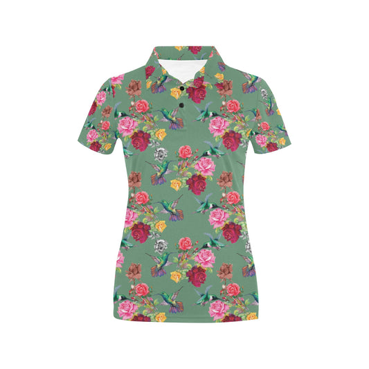 Hummingbird with Rose Themed Print Women's Polo Shirt