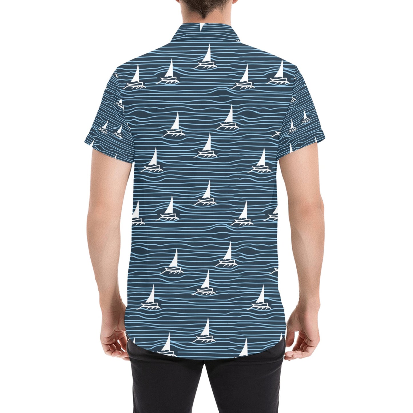 Sailboat Print Design LKS303 Men Short Sleeve Button Up Shirt
