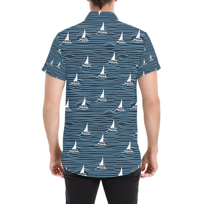 Sailboat Print Design LKS303 Men Short Sleeve Button Up Shirt