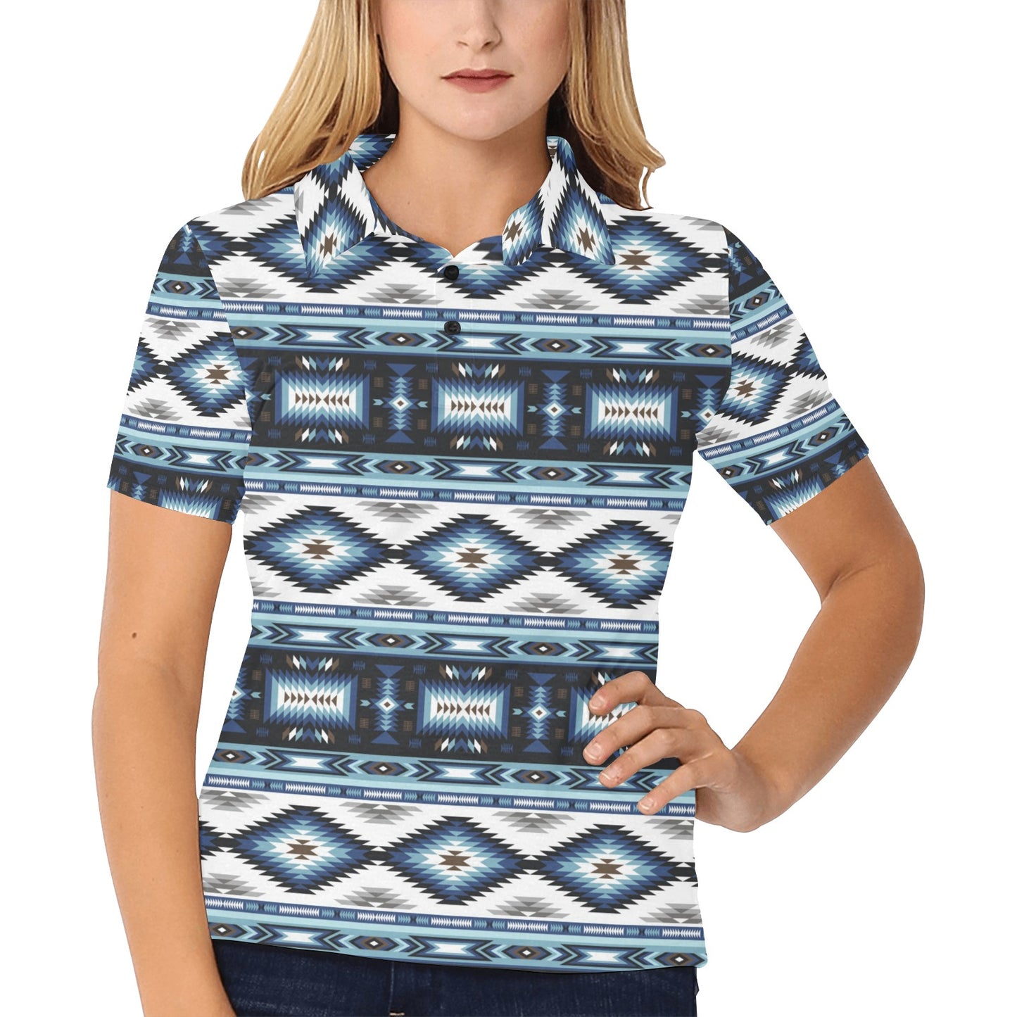 Navajo Dark Blue Print Pattern Women's Polo Shirt