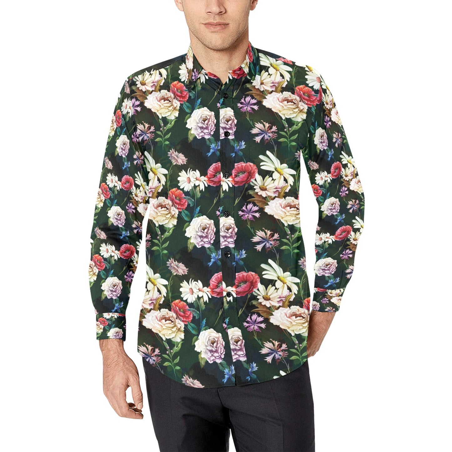 Summer Floral Print Design LKS303 Men's Long Sleeve Dress Shirt