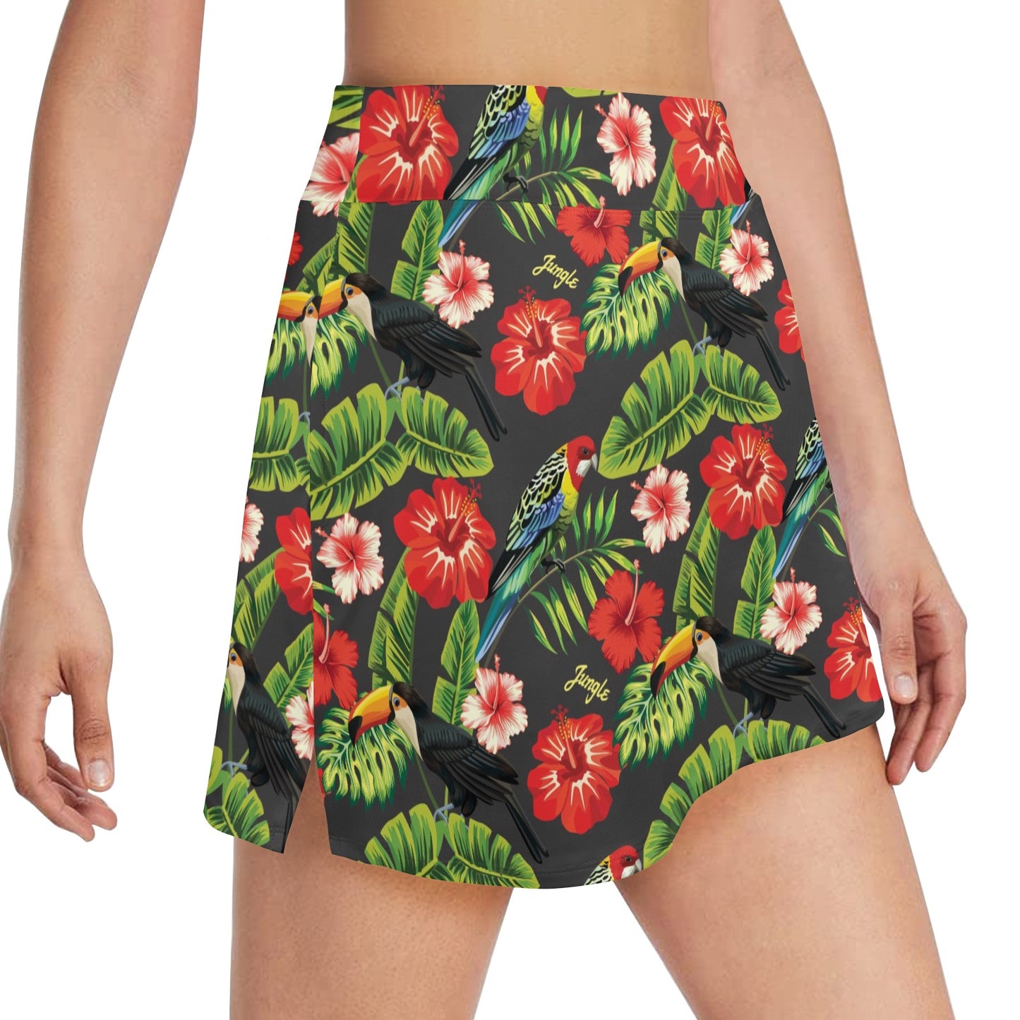 Hibiscus Red With Parrotprint Design LKS303 Women's Golf Skirt with Pocket