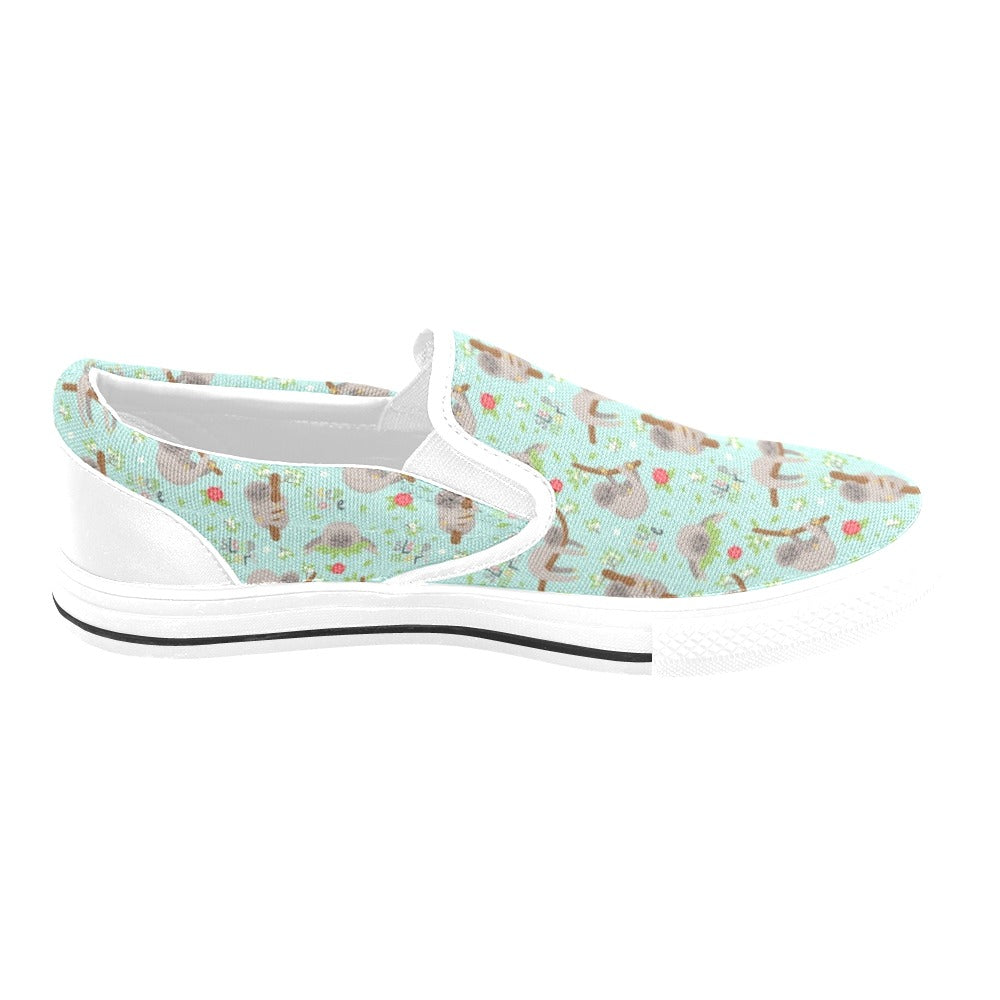 Sloth Print Design LKS305 White Slip Ons Canvas Women's Shoes