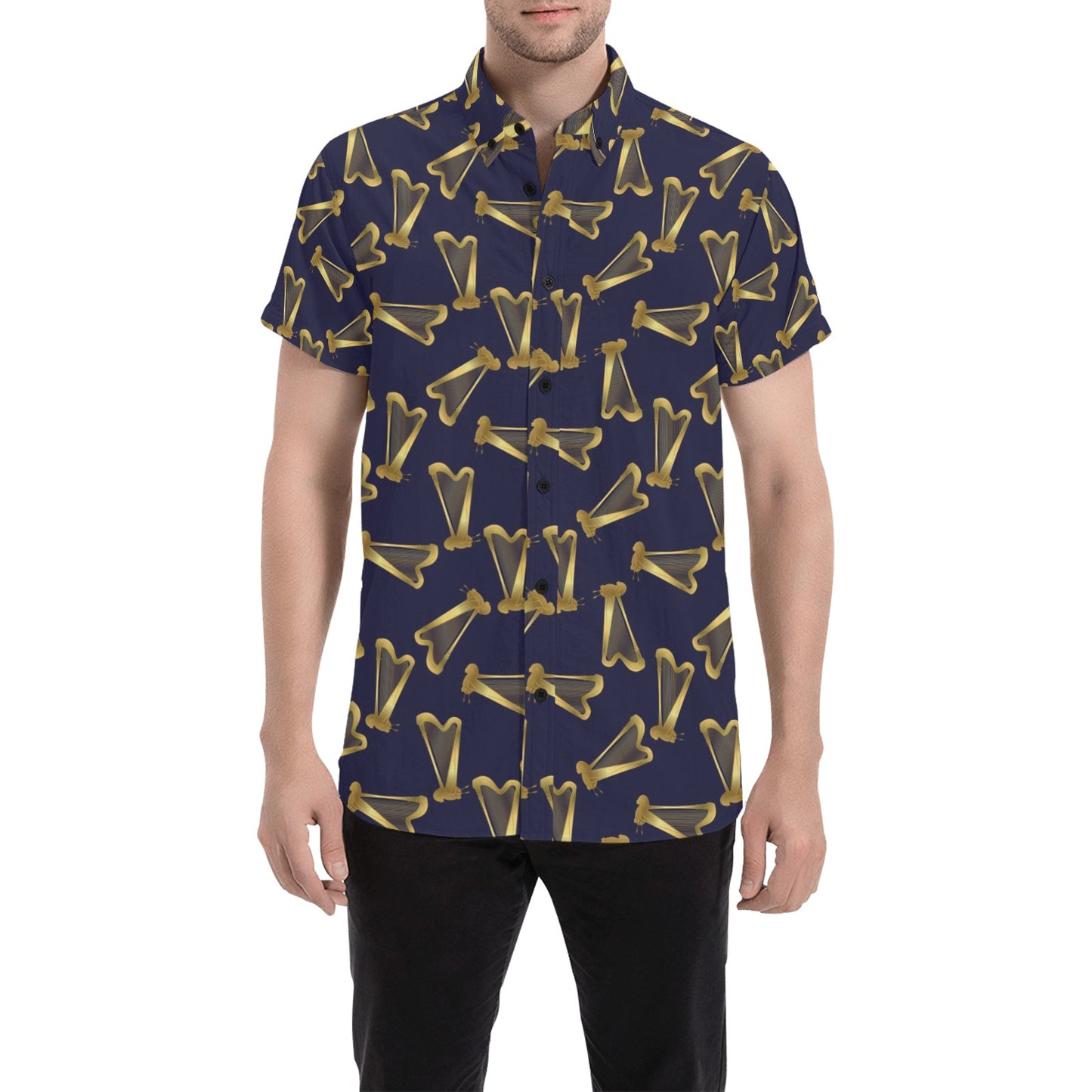 Harp Print Design LKS401 Men Short Sleeve Button Up Shirt