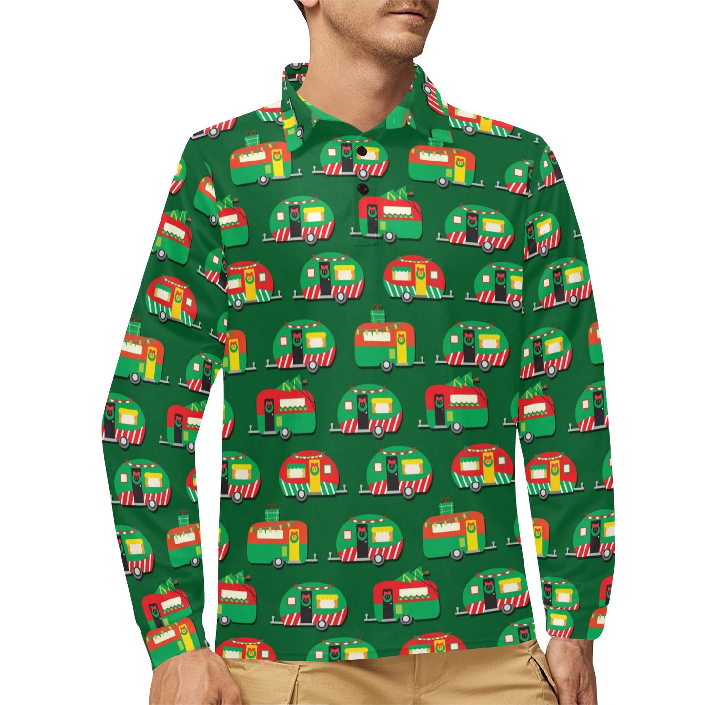 Camper Camping Christmas Themed Print Long Sleeve Polo Shirt For Men's