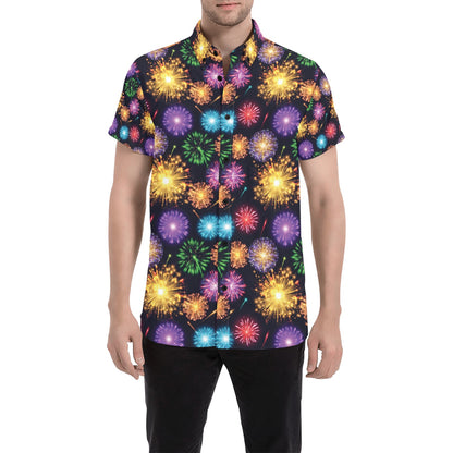 Firework Print Design LKS305 Men Short Sleeve Button Up Shirt