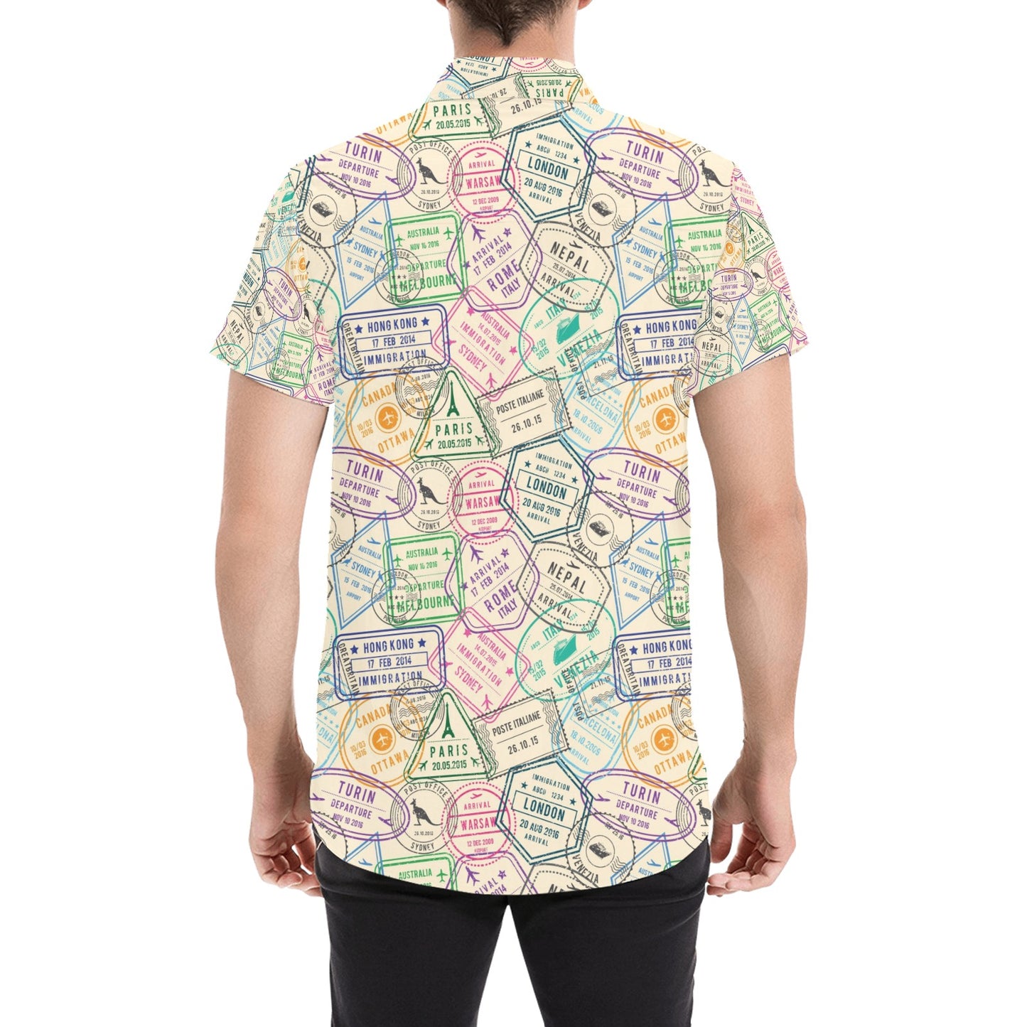 Travel Stamp Print Design LKS303 Men Short Sleeve Button Up Shirt
