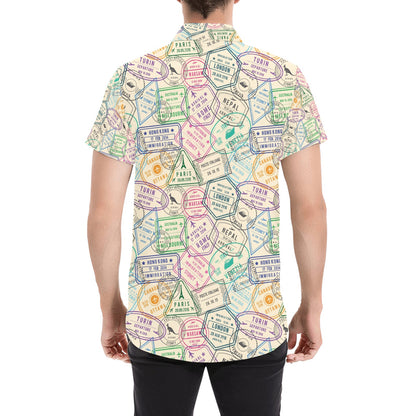 Travel Stamp Print Design LKS303 Men Short Sleeve Button Up Shirt