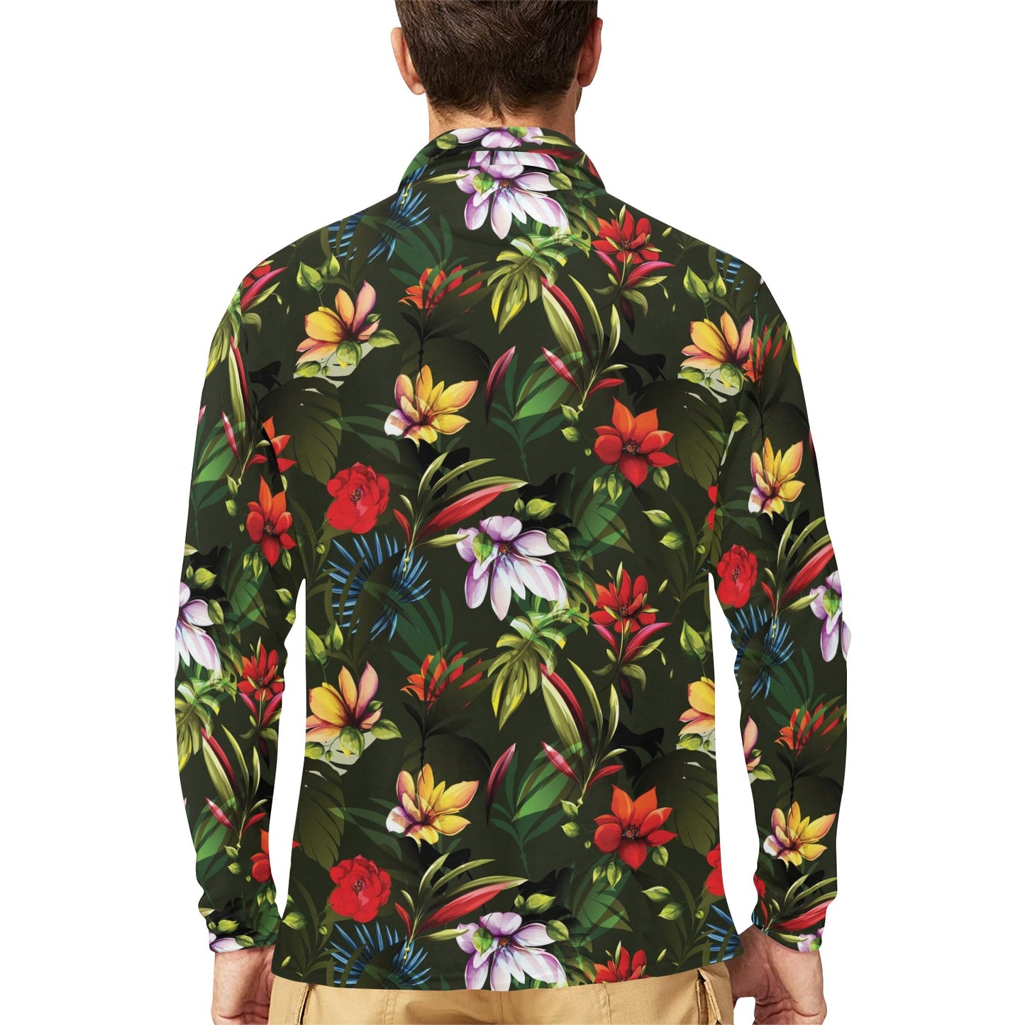 Magnolia Pattern Print Design 02 Long Sleeve Polo Shirt For Men's