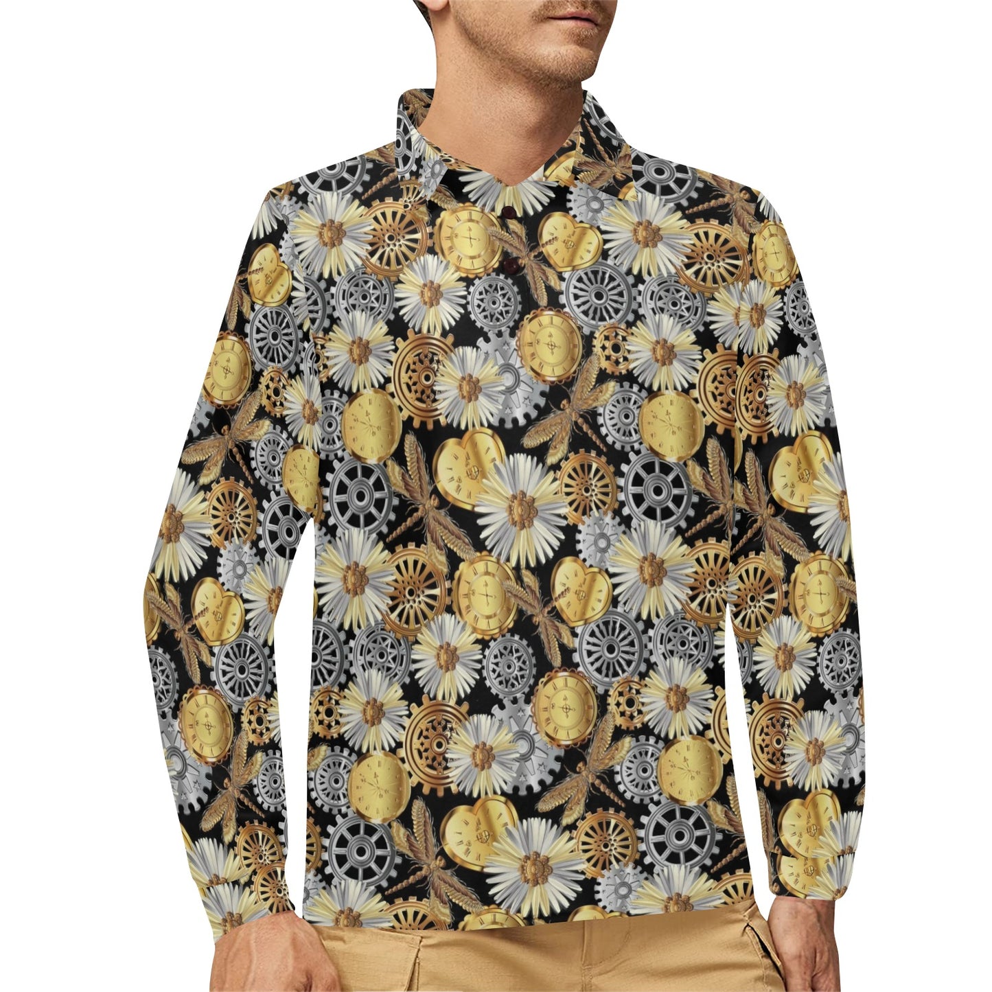 Steampunk Dragonfly Print Design LKS302 Long Sleeve Polo Shirt For Men's