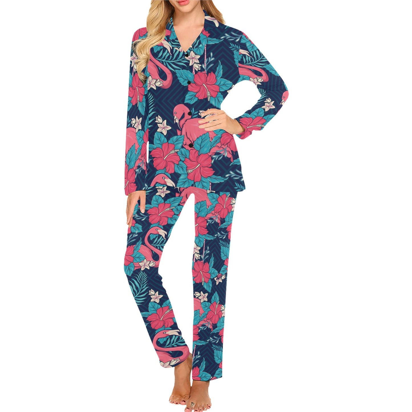 Flamingo Red Hibiscus Pattern Women's Long Pajama Set