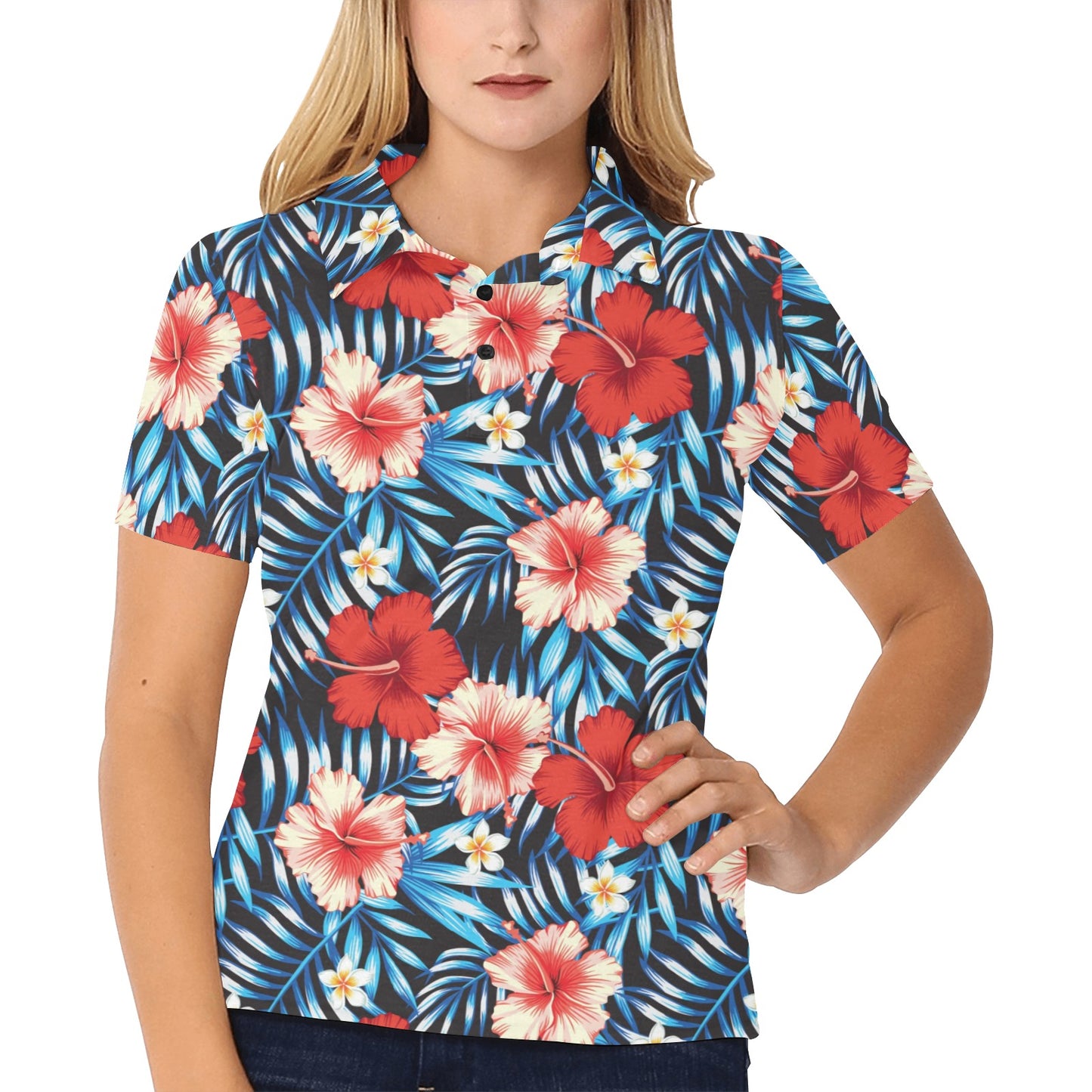 Red Hibiscus Blue Scene Women's Polo Shirt