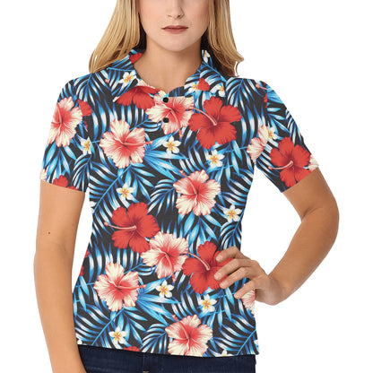 Red Hibiscus Blue Scene Women's Polo Shirt