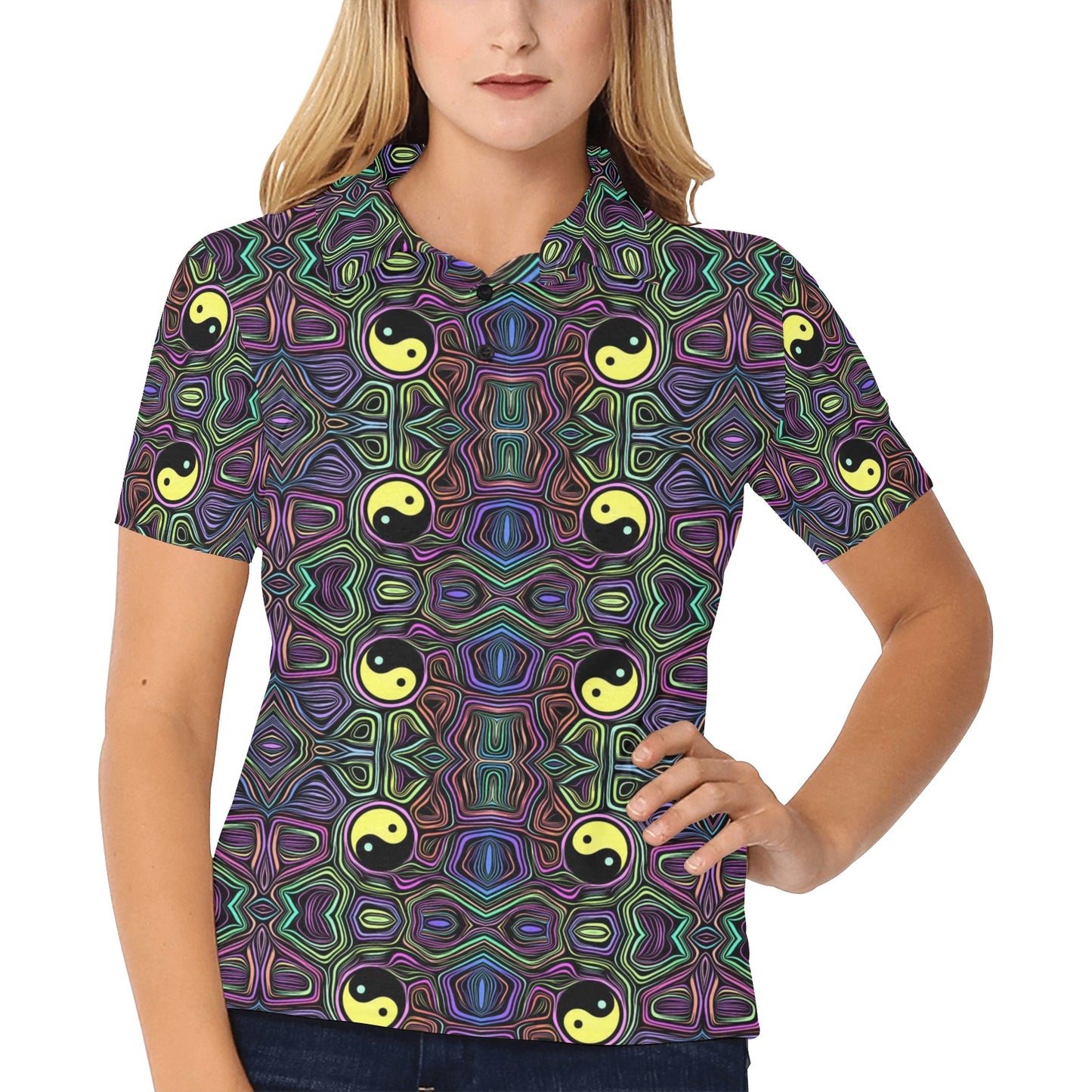Yin Yang Neon Color Design Print Women's Polo Shirt