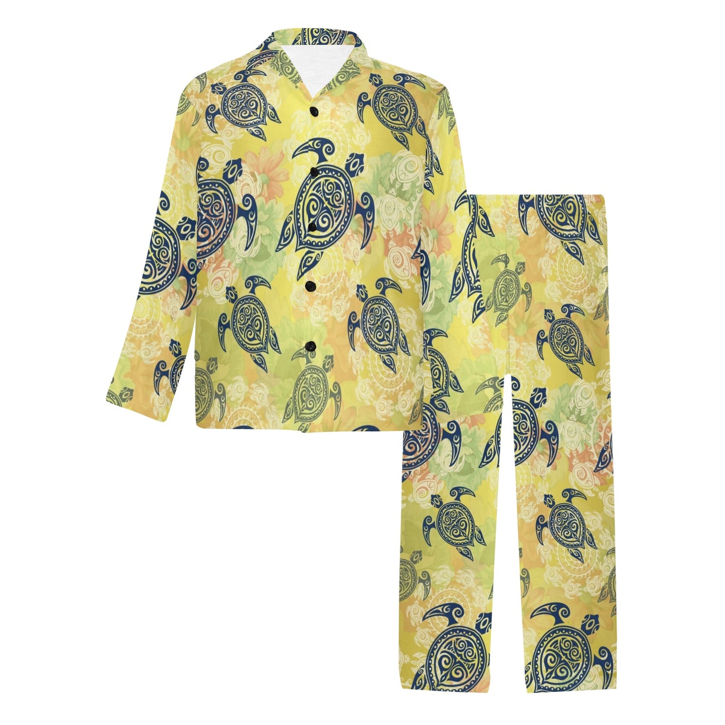 Hawaiian Turtle Tribal Design Print Men's Long Pajama Set