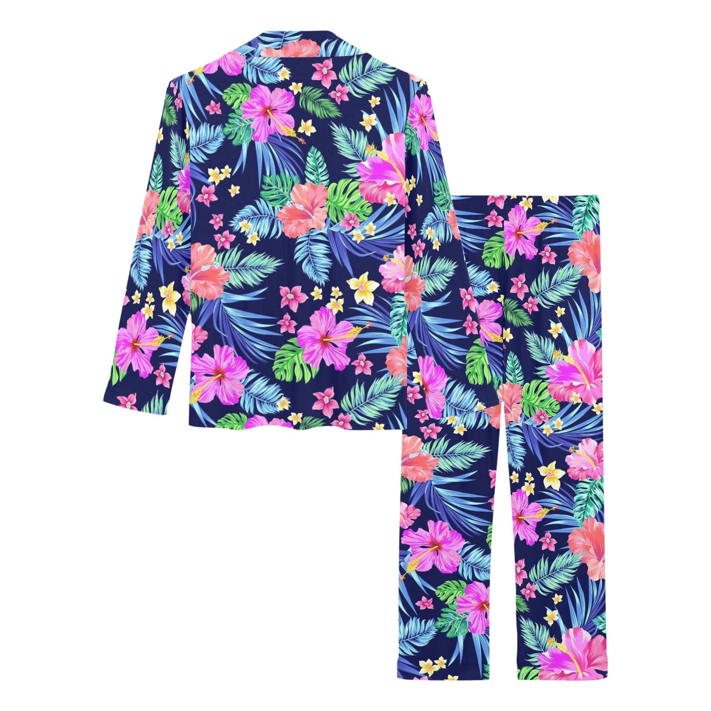 Neon Hibiscus Pattern Print Design HB016 Women's Long Pajama Set