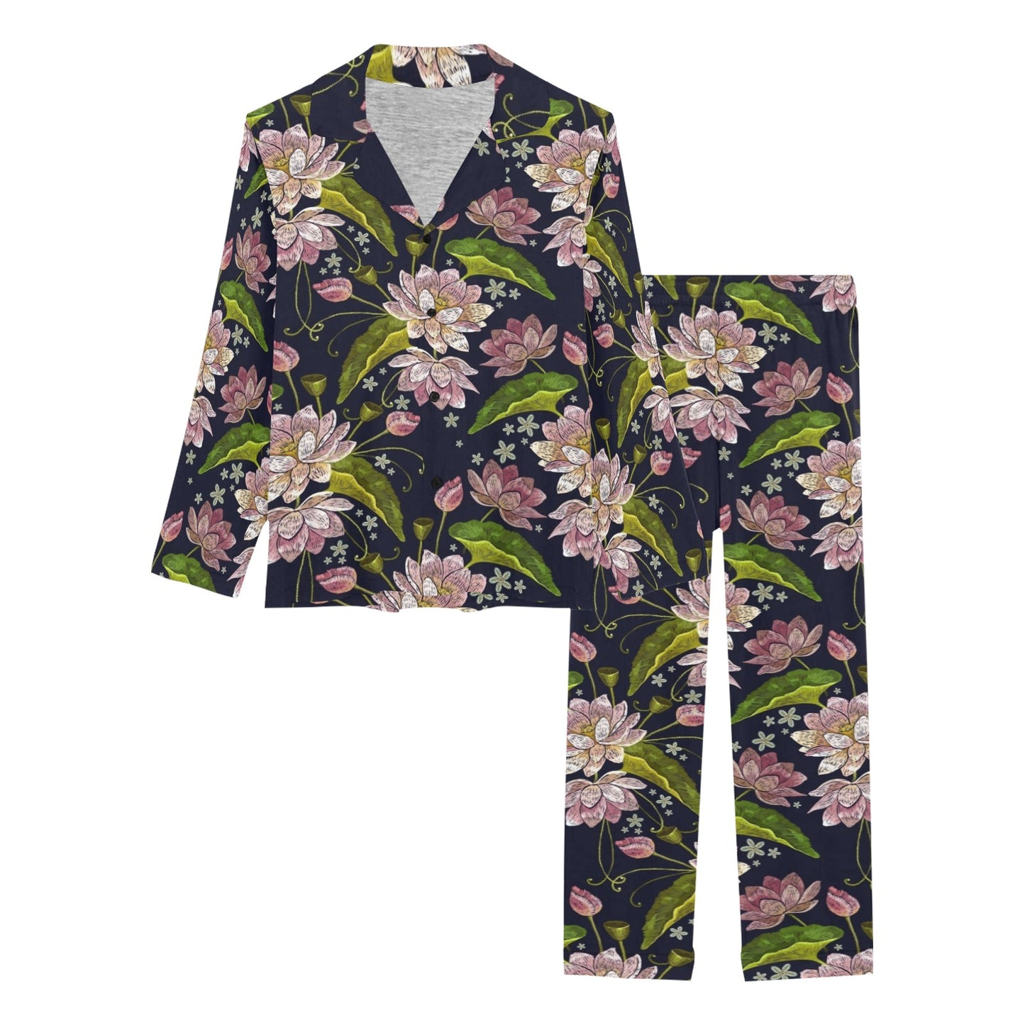 lotus Embroidered Pattern Print Design LO06 Women's Long Pajama Set