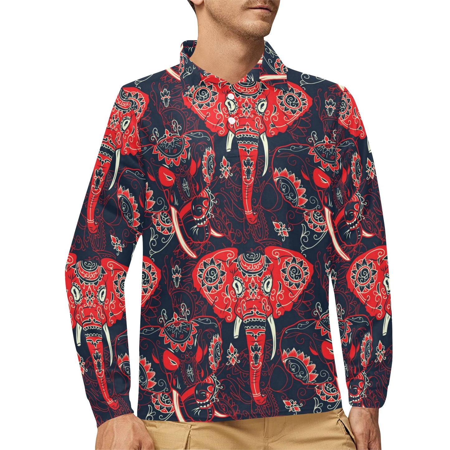 Red Indian Elephant Pattern Long Sleeve Polo Shirt For Men's