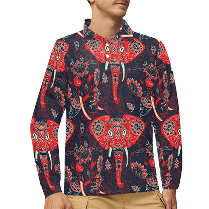 Red Indian Elephant Pattern Long Sleeve Polo Shirt For Men's