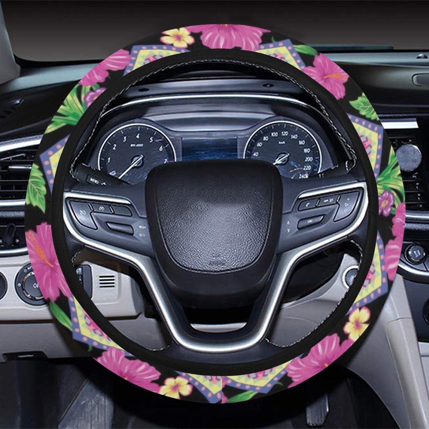 Hibiscus Pink Zigzag Line Pattern Design LKS307 Steering Wheel Cover with Elastic Edge