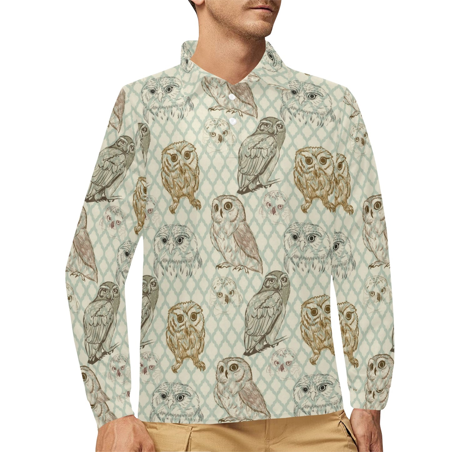 Owl Pattern Print Design A03 Long Sleeve Polo Shirt For Men's