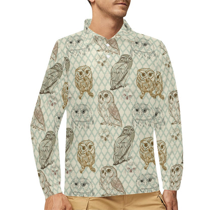 Owl Pattern Print Design A03 Long Sleeve Polo Shirt For Men's