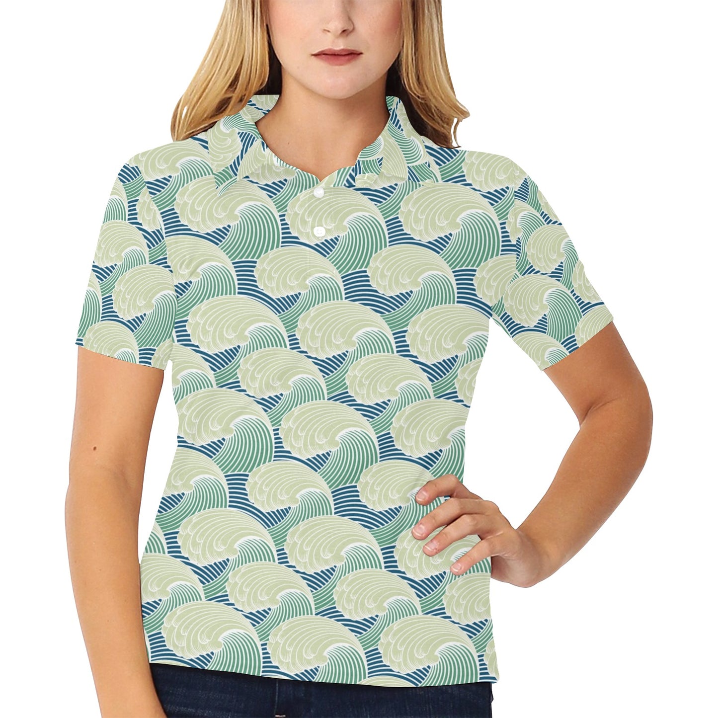 Wave Japan Style Print Design LKS302 Women's Polo Shirt
