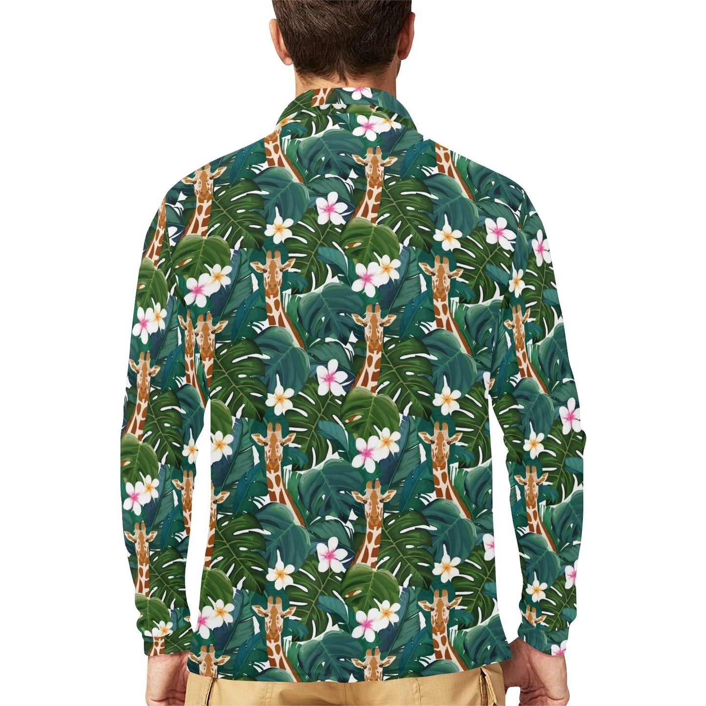 Giraffe Jungle Design Print Long Sleeve Polo Shirt For Men's