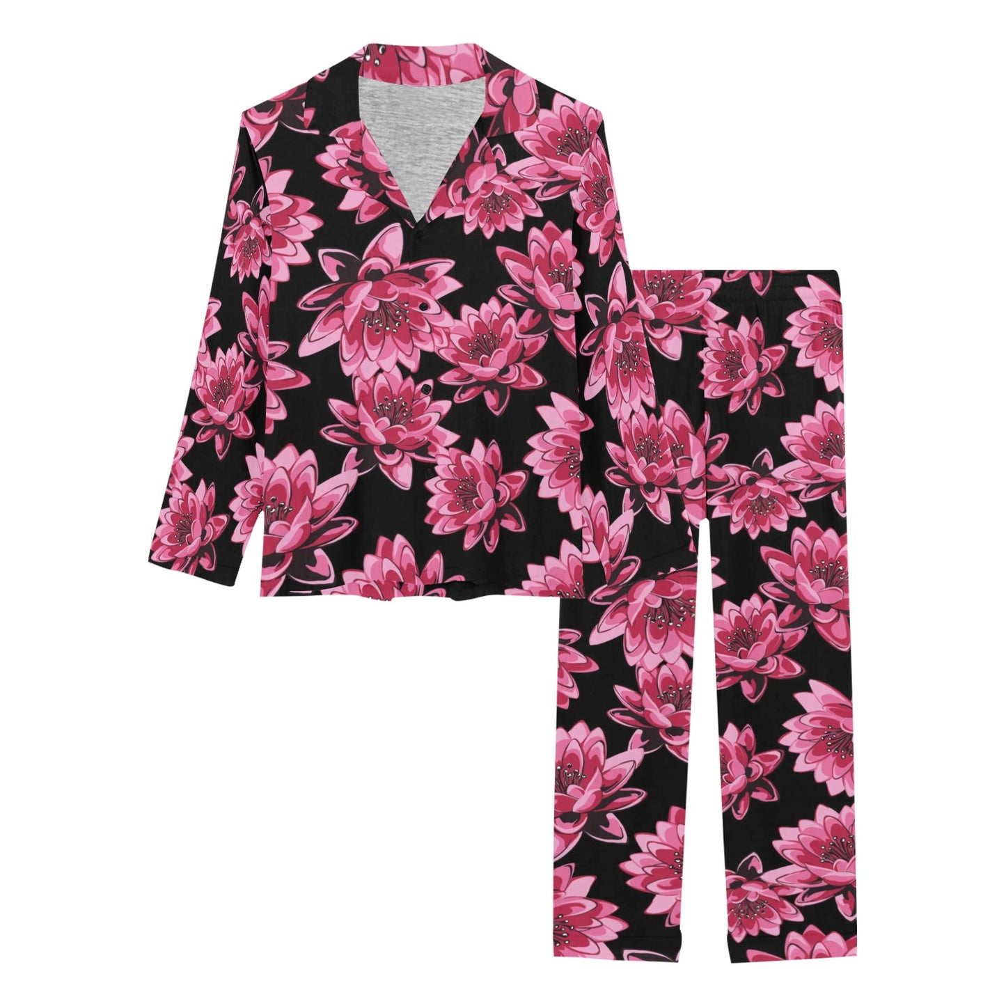 Lotus Pattern Print Design 03 Women's Long Pajama Set