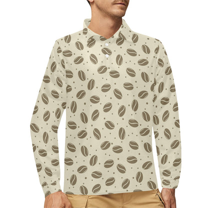 Coffee Pattern Print Design 02 Long Sleeve Polo Shirt For Men's