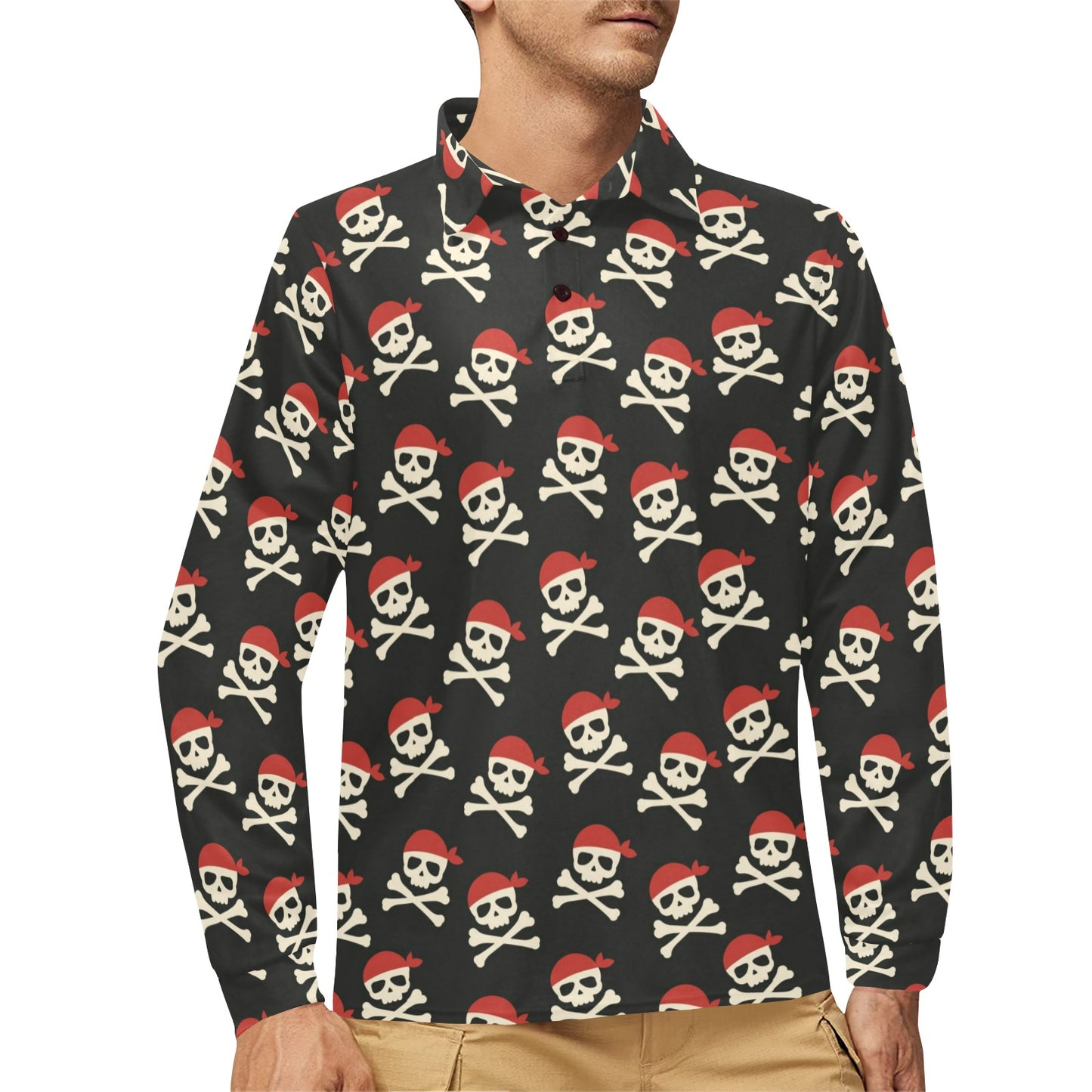 Pirate Pattern Print Design A04 Long Sleeve Polo Shirt For Men's
