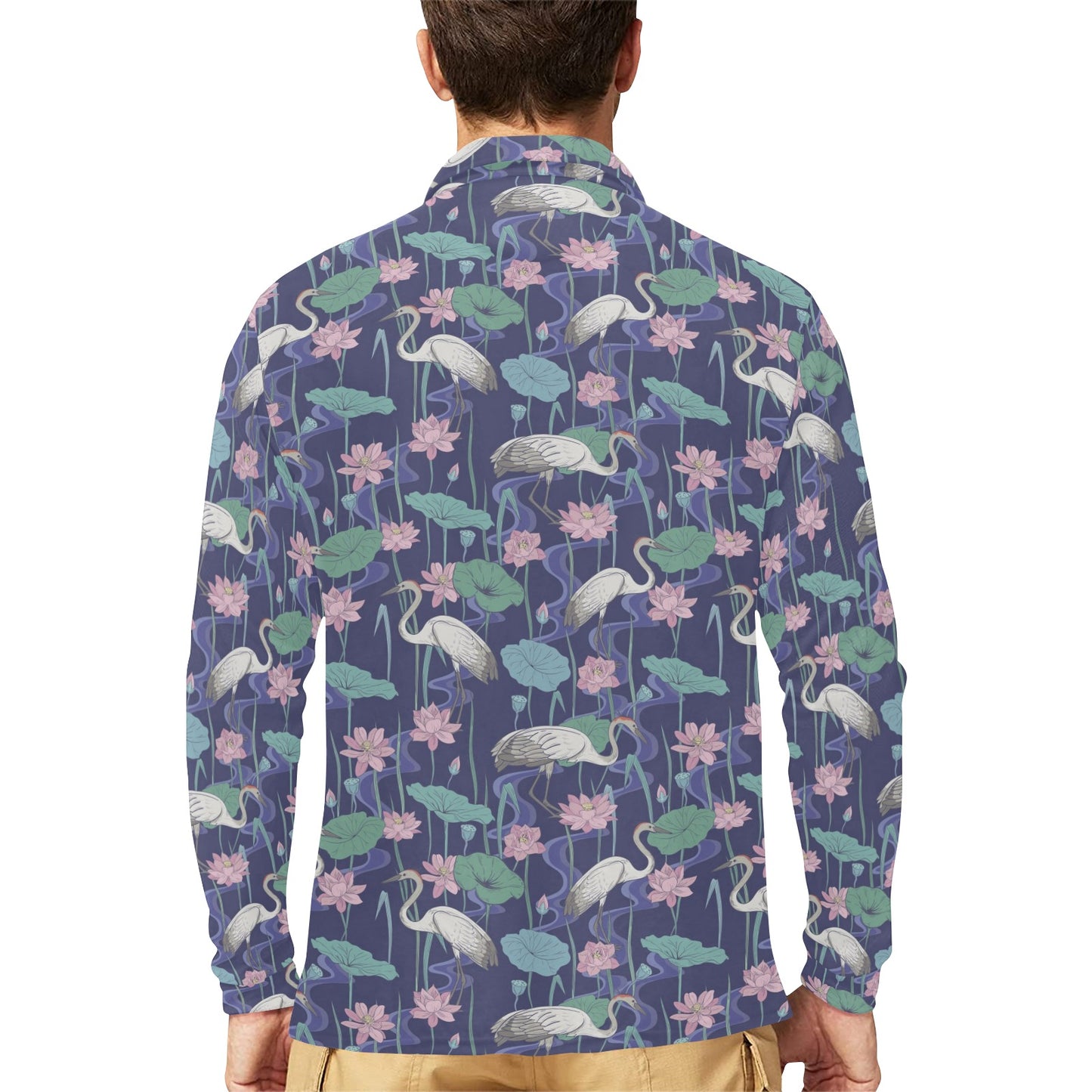 Water Lily Print Design LKS306 Long Sleeve Polo Shirt For Men's