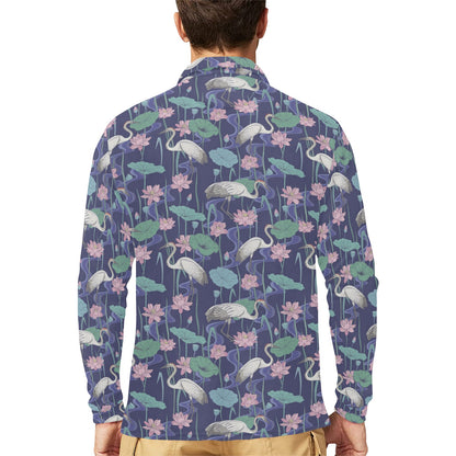 Water Lily Print Design LKS306 Long Sleeve Polo Shirt For Men's