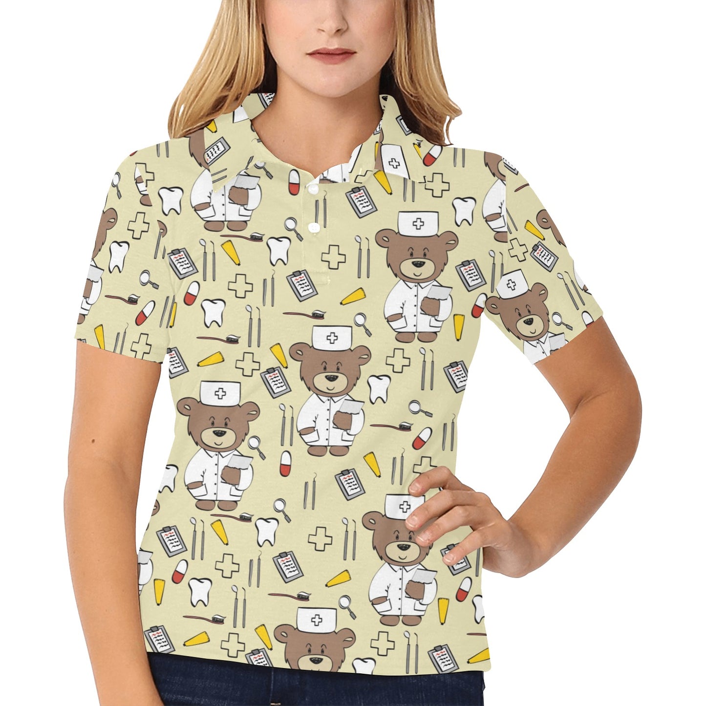 Nurse Bear Pattern Print Design A02 Women's Polo Shirt