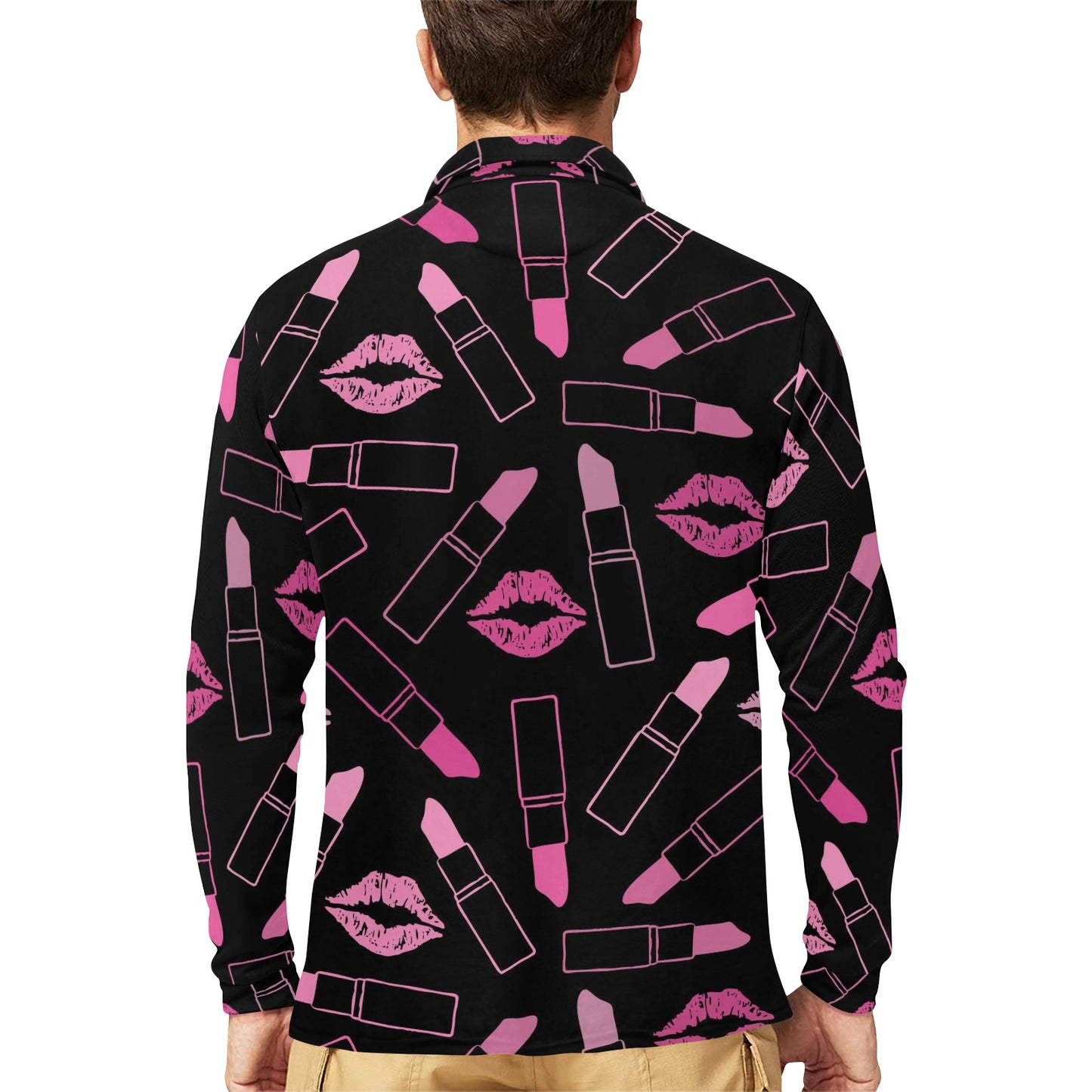 Lipstick Pink Pattern Print Design 01 Long Sleeve Polo Shirt For Men's