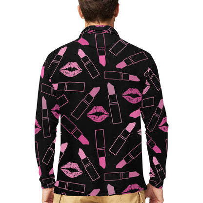 Lipstick Pink Pattern Print Design 01 Long Sleeve Polo Shirt For Men's