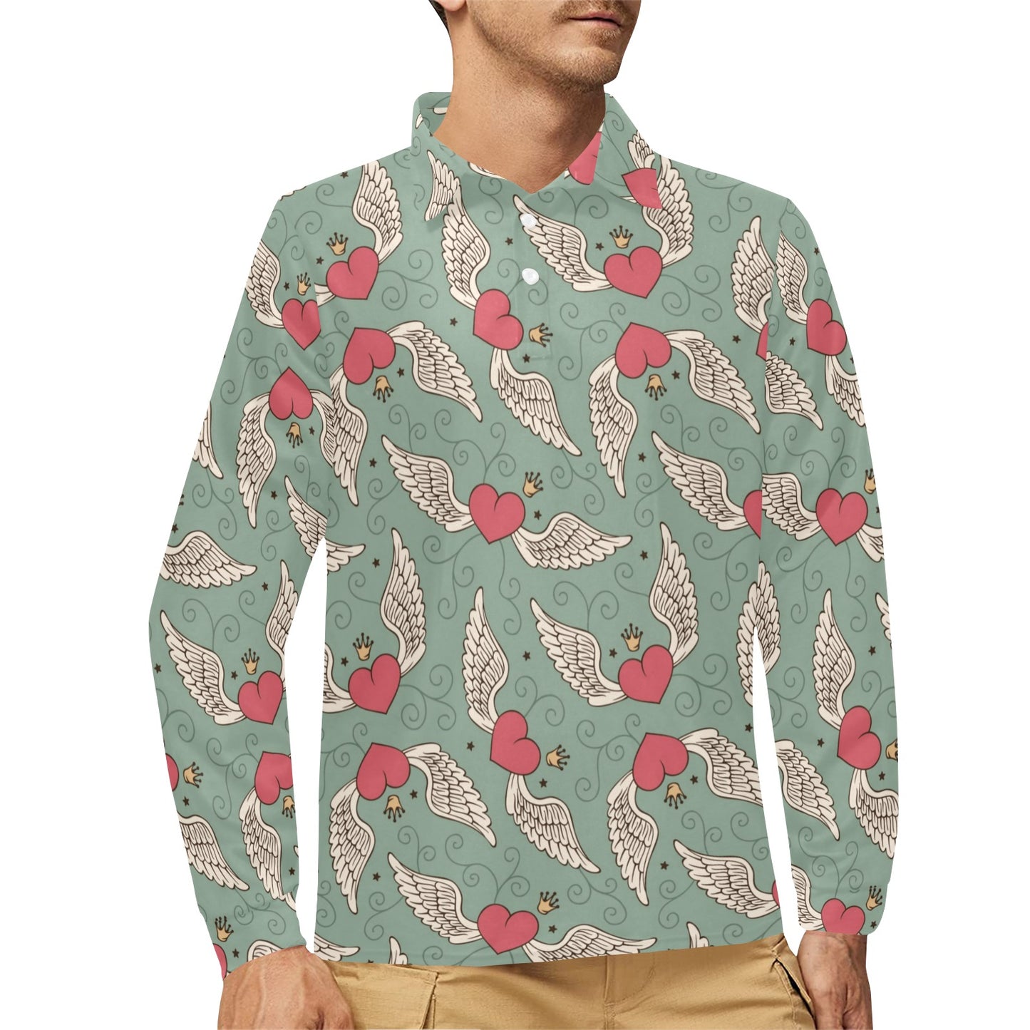 Angel Wings Heart Design Themed Print Long Sleeve Polo Shirt For Men's