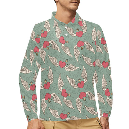 Angel Wings Heart Design Themed Print Long Sleeve Polo Shirt For Men's