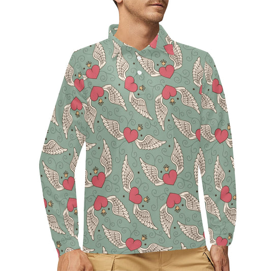 Angel Wings Heart Design Themed Print Long Sleeve Polo Shirt For Men's