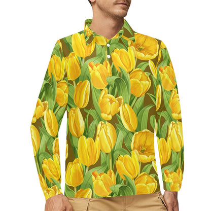 Tulip Yellow Pattern Print Design TP010 Long Sleeve Polo Shirt For Men's