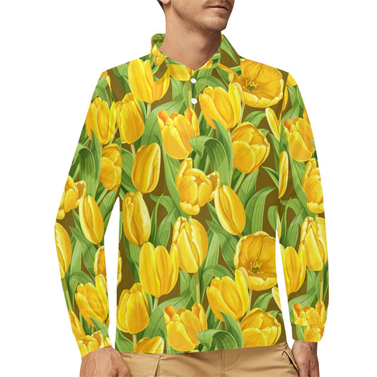 Tulip Yellow Pattern Print Design TP010 Long Sleeve Polo Shirt For Men's