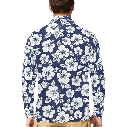 Hibiscus Pattern Print Design HB012 Long Sleeve Polo Shirt For Men's