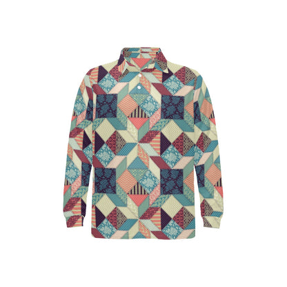 Patchwork Pattern Print Design 02 Long Sleeve Polo Shirt For Men's