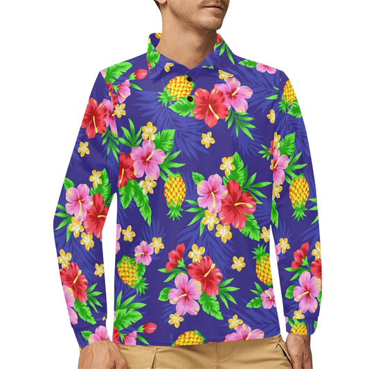 Hawaiian Themed Pattern Print Design H05 Long Sleeve Polo Shirt For Men's