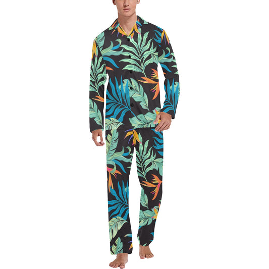 Tropical Palm Leaves Hawaiian Flower Men's Long Pajama Set