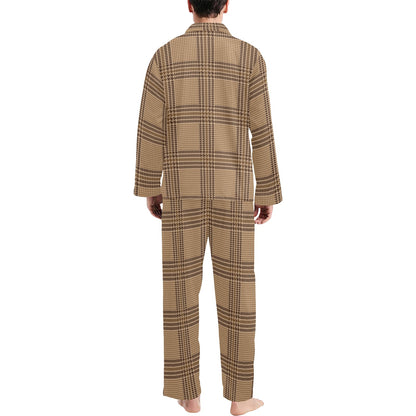 Houndstooth Brown Pattern Print Design 04 Men's Long Pajama Set