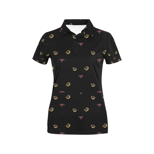 Black Cat Face Print Pattern Women's Polo Shirt