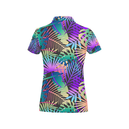 Neon Flower Tropical Palm Leaves Women's Polo Shirt